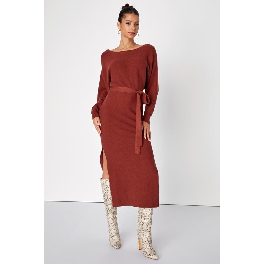 Lulus Cozy Captivation Rust Ribbed Dolman Sleeve Midi Sweater Dress Brown